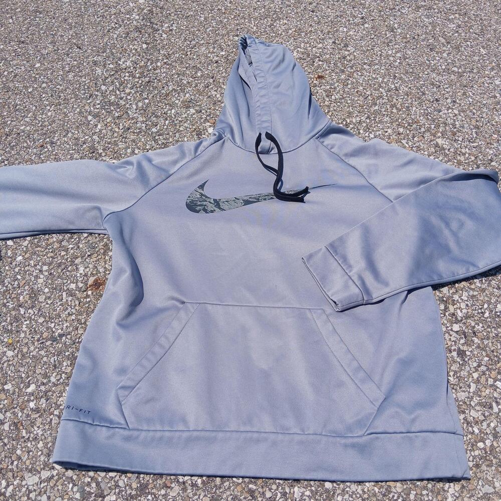 Nike Dri-FIT Hoodie Mens Large Gray Pullover Fleece Swoosh Sweatshirt Logo